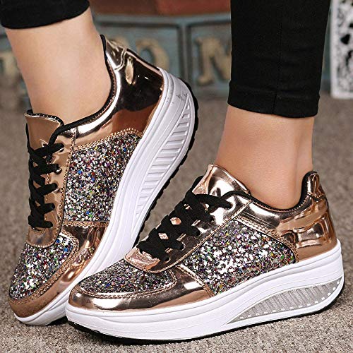 Zapatillas Deportivas de Mujer Gimnasio con Lentejuelas Cuña Zapatos para Caminar Aptitud Plataforma Sneakers con Cordones Calzado de Tacón 4.5cm riou