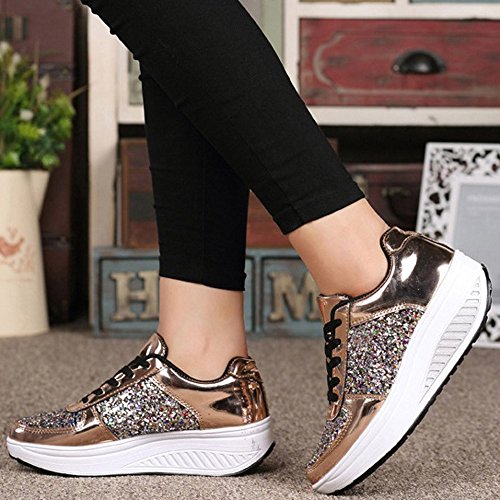 Zapatillas Deportivas de Mujer Gimnasio con Lentejuelas Cuña Zapatos para Caminar Aptitud Plataforma Sneakers con Cordones Calzado de Tacón 4.5cm riou