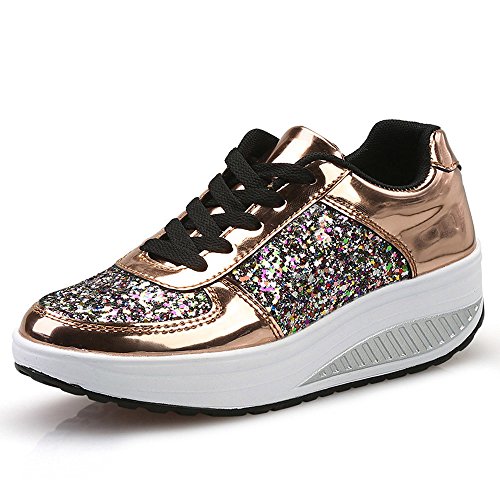 Zapatillas Deportivas de Mujer Gimnasio con Lentejuelas Cuña Zapatos para Caminar Aptitud Plataforma Sneakers con Cordones Calzado de Tacón 4.5cm riou