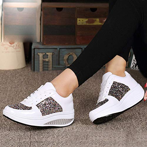 Zapatillas Deportivas de Mujer Gimnasio con Lentejuelas Cuña Zapatos para Caminar Aptitud Plataforma Sneakers con Cordones Calzado de Tacón 4.5cm riou