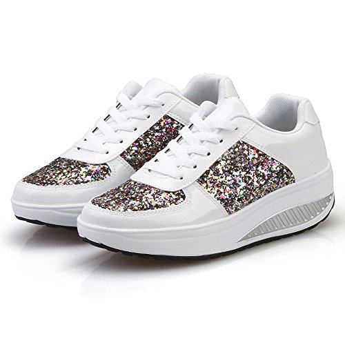 Zapatillas Deportivas de Mujer Gimnasio con Lentejuelas Cuña Zapatos para Caminar Aptitud Plataforma Sneakers con Cordones Calzado de Tacón 4.5cm riou