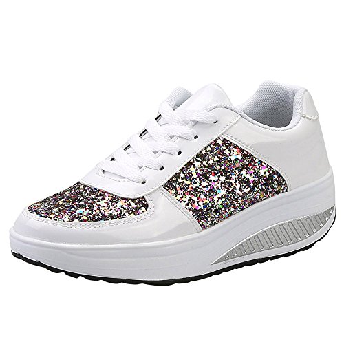 Zapatillas Deportivas de Mujer Gimnasio con Lentejuelas Cuña Zapatos para Caminar Aptitud Plataforma Sneakers con Cordones Calzado de Tacón 4.5cm riou