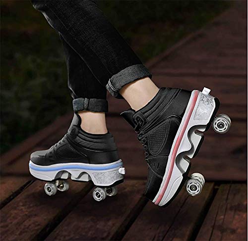 Zapatos con Ruedas para Niños Y Niña, Zapatos Multiusos 2 En 1 Patines Zapatillas Deportes Al Aire Libre De Deporte,Black with Light,37