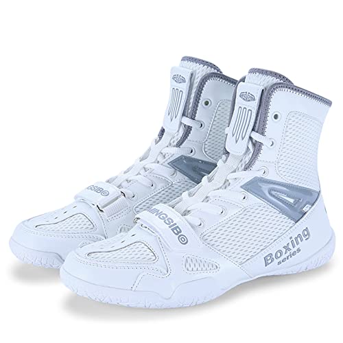 Zapatos de boxeo para hombre, zapatos de lucha libre, boxeadores de combate, entrenadores, transpirables, botas de boxeo, zapatos reductores para hombres, blanco gris, 44 EU