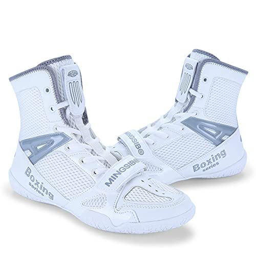 Zapatos de boxeo para hombre, zapatos de lucha libre, boxeadores de combate, entrenadores, transpirables, botas de boxeo, zapatos reductores para hombres, blanco gris, 44 EU