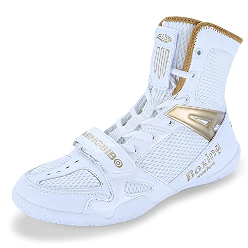 Zapatos de boxeo para hombre, zapatos de lucha libre, boxeadores de combate, entrenadores, transpirables, botas de boxeo, zapatos reductores para hombres, Oro Blanco, 43 EU