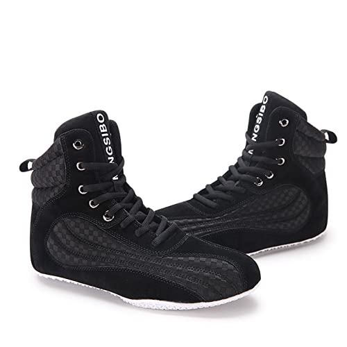 Zapatos de Lucha de Combate Botas de Boxeo Suela de Goma Maestro de Lucha Ligera Cordones Completos de Malla de Cuero Zapatillas Deportivas de Entrenamiento de Combate para Hombres,Black-38EU