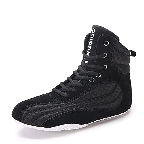 Zapatos de Lucha de Combate Botas de Boxeo Suela de Goma Maestro de Lucha Ligera Cordones Completos de Malla de Cuero Zapatillas Deportivas de Entrenamiento de Combate para Hombres,Black-38EU