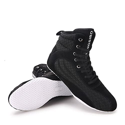 Zapatos de Lucha de Combate Botas de Boxeo Suela de Goma Maestro de Lucha Ligera Cordones Completos de Malla de Cuero Zapatillas Deportivas de Entrenamiento de Combate para Hombres,Black-38EU