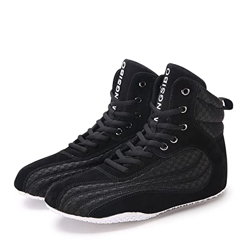 Zapatos de Lucha de Combate Botas de Boxeo Suela de Goma Maestro de Lucha Ligera Cordones Completos de Malla de Cuero Zapatillas Deportivas de Entrenamiento de Combate para Hombres,Black-38EU