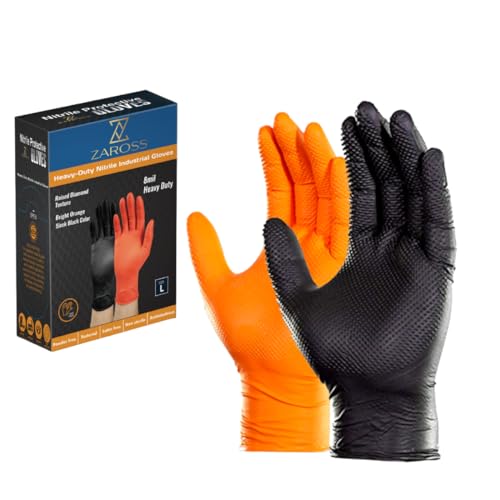 ZAROSS Guantes nitrilo 100uds, Textura Diamante,50negros y 50naranjas, Talla L, Guantes Mecanica, Taller, Industria, Construcción, Montaje., 2colores/caja,Resistentes, Sin Latex, Guantes de nitrilo