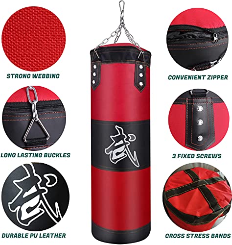 ZERUIDM Juego de Saco de Boxeo Resistente sin Relleno, Bolsa de Boxeo Colgante para Adultos y niños, Bolsa de Punching con Vendas de Boxeo, Gancho de Techo, Cadena, para Kickboxing, Artes Marciales,