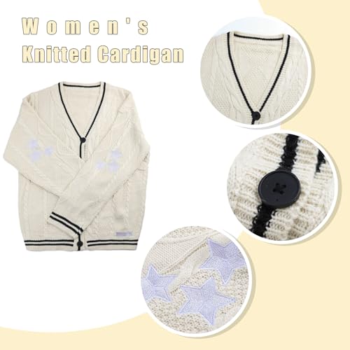 Zetieny Cárdigan Mujer Jersey de Punto con Cuello en V Estampado Estrella Manga Larga Suéter Pullover con Botones Suelto Casual