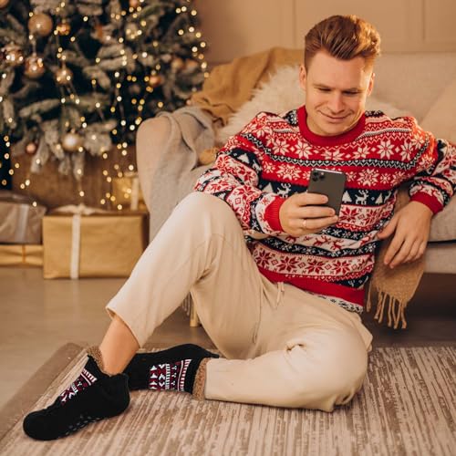 ZFSOCK Calcetines Antideslizantes Invierno para Hombre: Calcetín Andar por Casa con Forro Polar Térmicos Suave Mullidos Cálidos Gruesos Cómodos Zapatillas Regalo Navidad 1 Pares 43-46 Negro