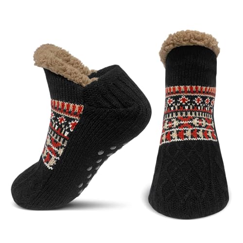 ZFSOCK Calcetines Antideslizantes Invierno para Hombre: Calcetín Andar por Casa con Forro Polar Térmicos Suave Mullidos Cálidos Gruesos Cómodos Zapatillas Regalo Navidad 1 Pares 43-46 Negro