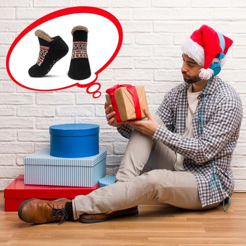 ZFSOCK Calcetines Antideslizantes Invierno para Hombre: Calcetín Andar por Casa con Forro Polar Térmicos Suave Mullidos Cálidos Gruesos Cómodos Zapatillas Regalo Navidad 1 Pares 43-46 Negro