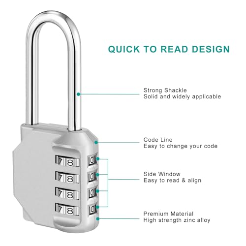 ZHEGE Candado Taquilla Largo, Candado Numerico para Puerta de Valla Exterior, Patio Trasero, Cobertizos, Candado Taquilla Gimnasio (Plateado,1 Pieza)