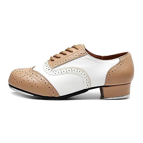 ZHENSI Zapatos De Claqué Hombre Zapatos De Baile De Salón De Tacón Bajo Zapatos con Cordones Brogue Transpirables,Beige,41 EU