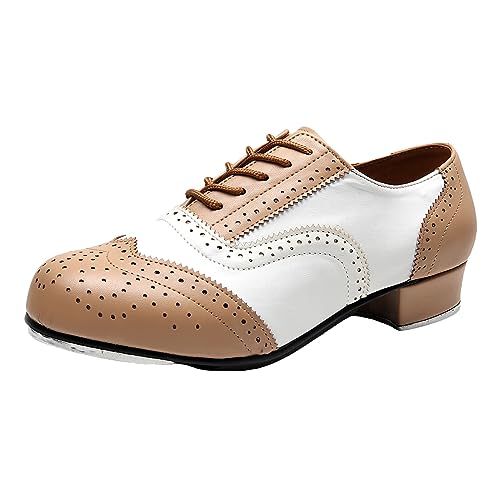 ZHENSI Zapatos De Claqué Hombre Zapatos De Baile De Salón De Tacón Bajo Zapatos con Cordones Brogue Transpirables,Beige,41 EU