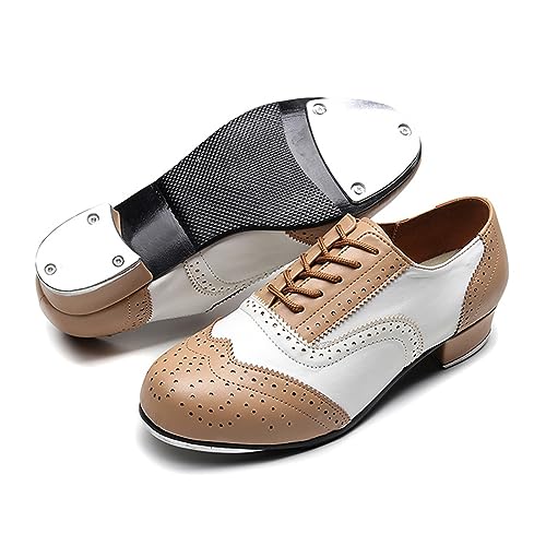 ZHENSI Zapatos De Claqué Hombre Zapatos De Baile De Salón De Tacón Bajo Zapatos con Cordones Brogue Transpirables,Beige,41 EU