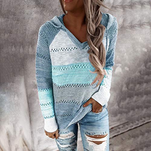 Zilosconcy Sudadera Mujer con Capucha Tejido de Punto Jersey Patchwork Mujer Otoño Invierno Talla Grande Hoodie Suelto Sólido Manga Larga Sweatshirt Tops Chica,Color: Cielo Azul,Tamaño S