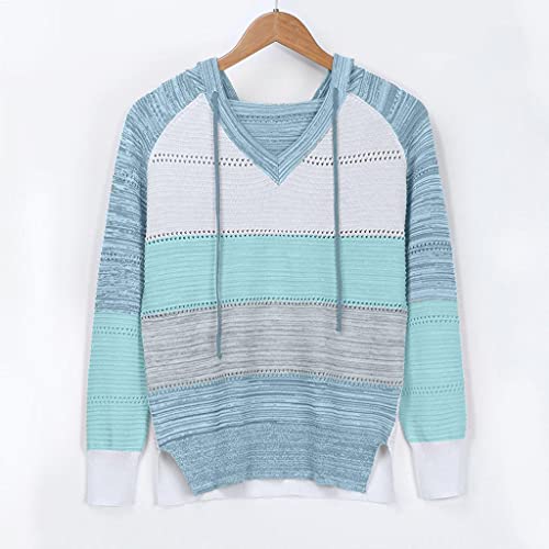 Zilosconcy Sudadera Mujer con Capucha Tejido de Punto Jersey Patchwork Mujer Otoño Invierno Talla Grande Hoodie Suelto Sólido Manga Larga Sweatshirt Tops Chica,Color: Cielo Azul,Tamaño S