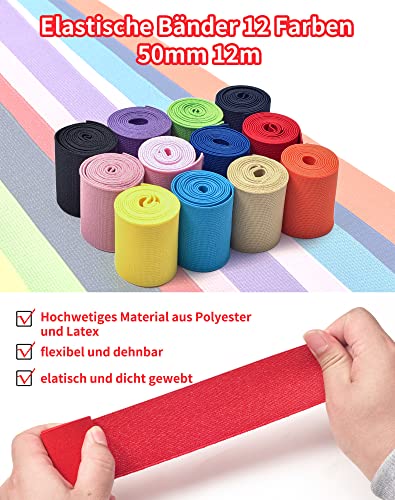 ZITFRI Cinta Elástica Ancha para Coser 12m 5cm de Ancho 12pcs Cintas Elásticas 12 Colores de Tela Elastica para Coser Cinta de Tejidos para el Hogar DIY Ropa Cintura Peluca Cintura Calzado Deportivo