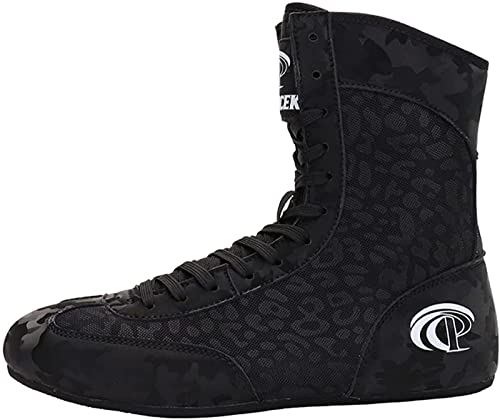 ZKHD Calzado Boxeo Caña Alta para Hombre Zapatillas De Lucha Libre Transpirables Botas De Boxeo Antideslizantes Ligeras para Mujer Niño,Black-10.5UK