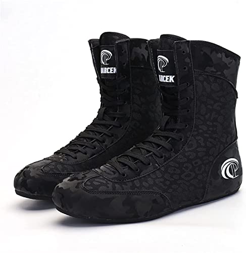 ZKHD Calzado Boxeo Caña Alta para Hombre Zapatillas De Lucha Libre Transpirables Botas De Boxeo Antideslizantes Ligeras para Mujer Niño,Black-10.5UK