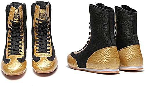 ZKHD Zapatos Boxeo,Zapatos Lucha Caña Alta, Antideslizantes,Cómodos, Botines De Boxeo,Ligeros y Transpirables, Calzado De Entrenamiento para Niños, Niñas, Mujeres,Hombres,Gold-32EU