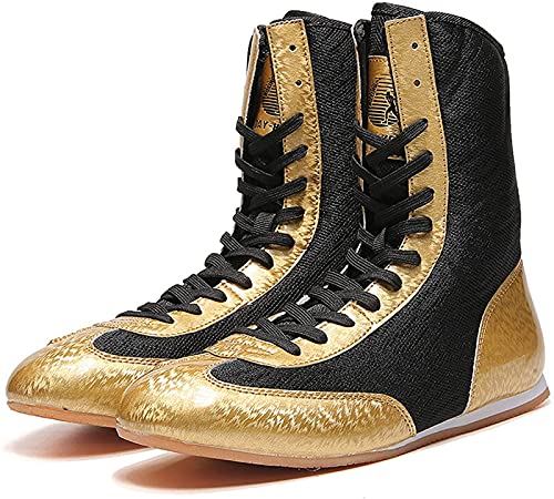 ZKHD Zapatos Boxeo,Zapatos Lucha Caña Alta, Antideslizantes,Cómodos, Botines De Boxeo,Ligeros y Transpirables, Calzado De Entrenamiento para Niños, Niñas, Mujeres,Hombres,Gold-32EU