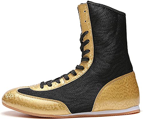 ZKHD Zapatos Boxeo,Zapatos Lucha Caña Alta, Antideslizantes,Cómodos, Botines De Boxeo,Ligeros y Transpirables, Calzado De Entrenamiento para Niños, Niñas, Mujeres,Hombres,Gold-32EU