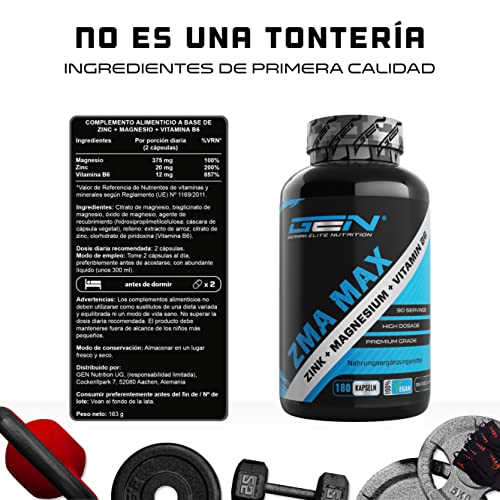 ZMA MAX - 180 Cápsulas - Dosis extra altas - Zinc + Magnesio + Vitamina B6 - Premium: Con 3 compuestos de magnesio - Vegano