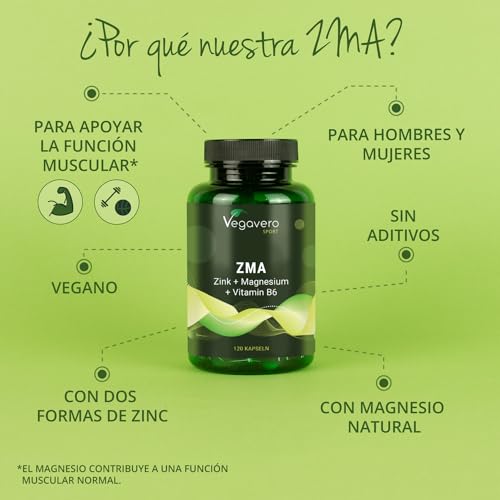 ZMA Vegavero® | Sin Aditivos | Con Zinc + Magnesio Natural + Vitamina B6 | Calidad: Aquamim™ Mg | Potenciador y Recuperador Muscular | Vegano | 120 Cápsulas