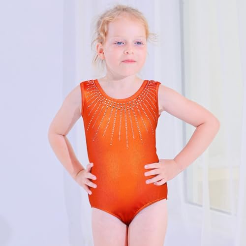 ZNYUNE Maillot de gimnasia para niños, clásico, sin mangas/manga larga para niñas, naranja, 5-6 Años