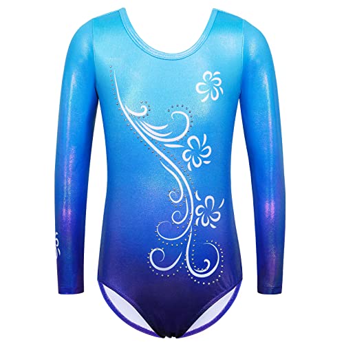 ZNYUNE Niña Maillots de Gimnasia Impreso Mangas Largas 269 Azul-Morado 8A