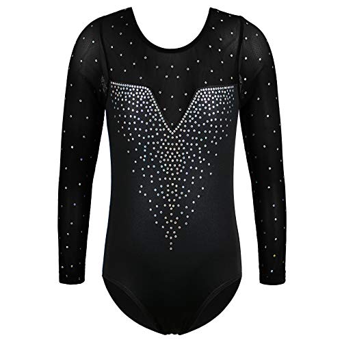 ZNYUNE Niña Maillots de Gimnasia Mangas Largas con Lentejuelas en Tul 203 Negro 12A