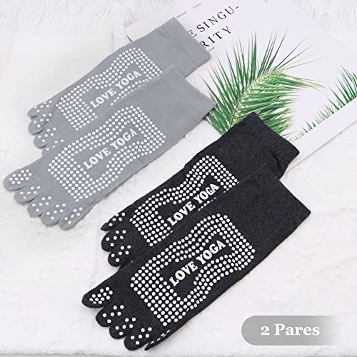 ZOCONE Calcetines Dedos Antideslizantes Mujer, 2 Pares Calcetines Pilates Mujer Antideslizantes Dedos Calcetines de Yoga con Dedos Calcetines Cinco Dedos Mujer para Deportes Fitness Yoga(Negro y Gris)