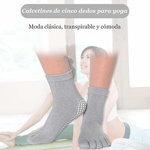 ZOCONE Calcetines Dedos Antideslizantes Mujer, 2 Pares Calcetines Pilates Mujer Antideslizantes Dedos Calcetines de Yoga con Dedos Calcetines Cinco Dedos Mujer para Deportes Fitness Yoga(Negro y Gris)