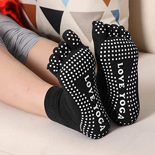 ZOCONE Calcetines Dedos Antideslizantes Mujer, 2 Pares Calcetines Pilates Mujer Antideslizantes Dedos Calcetines de Yoga con Dedos Calcetines Cinco Dedos Mujer para Deportes Fitness Yoga(Negro y Gris)