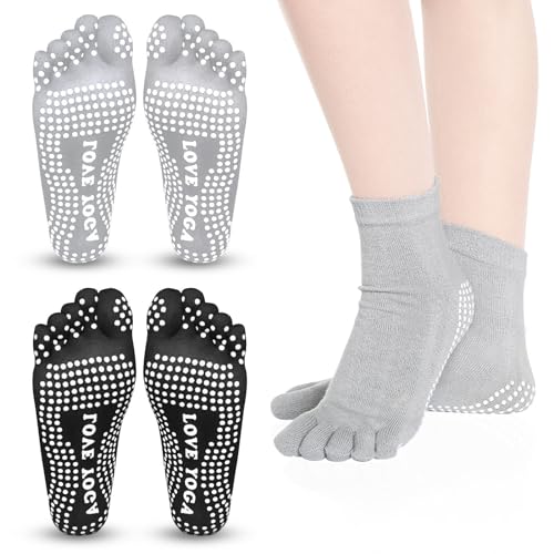 ZOCONE Calcetines Dedos Antideslizantes Mujer, 2 Pares Calcetines Pilates Mujer Antideslizantes Dedos Calcetines de Yoga con Dedos Calcetines Cinco Dedos Mujer para Deportes Fitness Yoga(Negro y Gris)