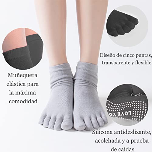 ZOCONE Calcetines Dedos Antideslizantes Mujer, 2 Pares Calcetines Pilates Mujer Antideslizantes Dedos Calcetines de Yoga con Dedos Calcetines Cinco Dedos Mujer para Deportes Fitness Yoga(Negro y Gris)