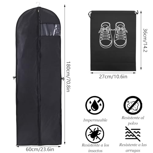 ZOCONE Funda Traje Funda Vestido Largo 60cm x 180cm Porta Traje Viaje incl. Bolsa Para Sapatos, Portatrajes Hombre Viaje Bolsa de Traje Bolsa de Ropa Funda Preto Apto para Abrigos y Vestidos (Preto)