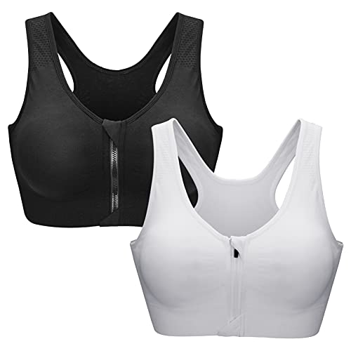 ZOEREA Sujetador Cierre Delantero Deportivo para Mujer Gimnasio Ropa con Almohadillas Extraíbles para Correr Sin Costuras Yoga Fitness Negro + Blanco,XXL