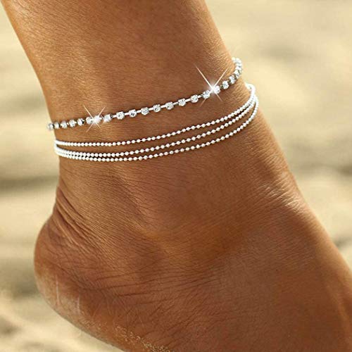 Zoestar - Pulsera tobillera de plata con cristales que imitan diamantes, con capas, de estilo bohemio, joyería para pies de mujeres y niñas