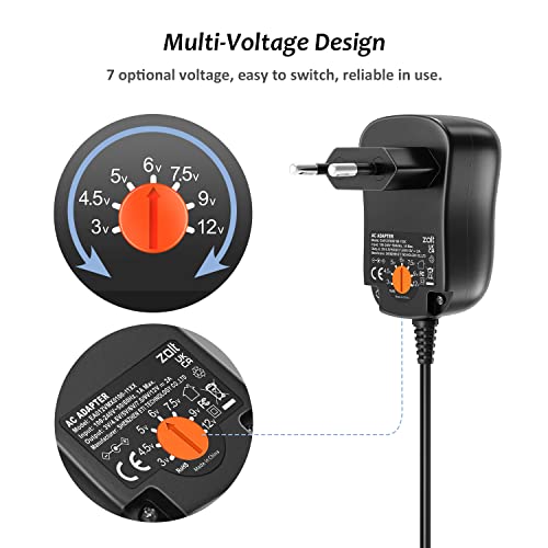 Zolt 24W Adaptador de Corriente Universal 3V 4.5V 5V 6V 7.5V 9V 12V 1A 1.5A 2A Fuente de Alimentación AC DC con 8 Enchufes DC para Electrónica, 2000mA MAX.