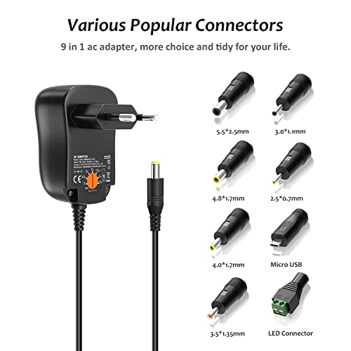 Zolt 24W Adaptador de Corriente Universal 3V 4.5V 5V 6V 7.5V 9V 12V 1A 1.5A 2A Fuente de Alimentación AC DC con 8 Enchufes DC para Electrónica, 2000mA MAX.