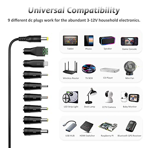 Zolt 24W Adaptador de Corriente Universal 3V 4.5V 5V 6V 7.5V 9V 12V 1A 1.5A 2A Fuente de Alimentación AC DC con 8 Enchufes DC para Electrónica, 2000mA MAX.