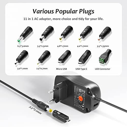 Zolt 41W Adaptador de Corriente Universal 6V 9V 12V 15V 18V 20V 24V 1A 1.5A 2A Fuente de Alimentación AC DC con Puerto USB 5V 1A y 10 Enchufes DC para Electrónica