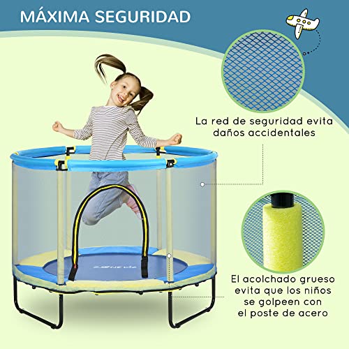 ZONEKIZ Cama Elástica Infantil Ø110 cm con Red de Seguridad Trampolín para Niños de 1-6 Años Cubierta de Bordes para Interior Exterior Carga 50 kg Ø140x115 cm Azul